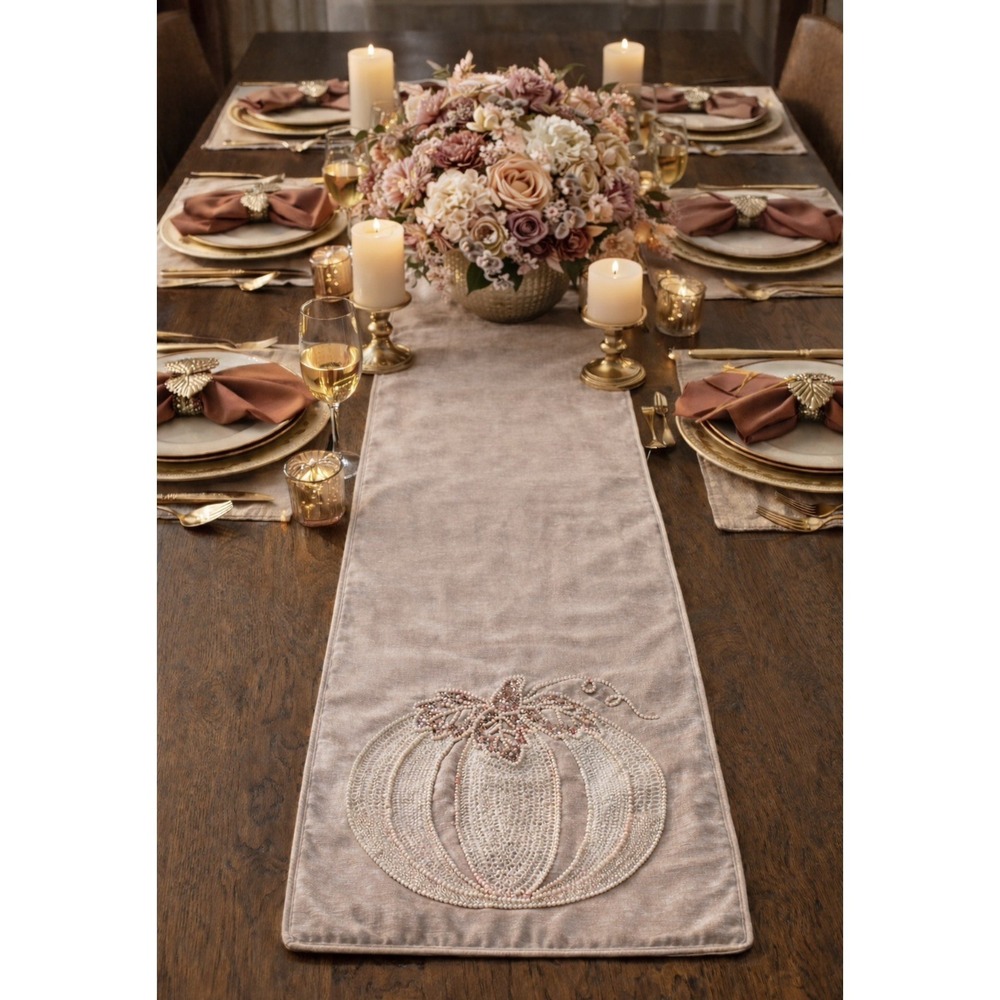 Dusty Rose Pink Elegant Lace Faux Pearl embroidered pumpkin table runner 71x16"